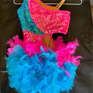 Pink and blue musical theater/ jazz costume with feathers